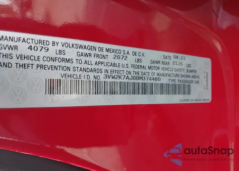 2011 Volkswagen Jetta 2.0L S из США, поврежденный, VIN 3VW2K7AJ0BM374480